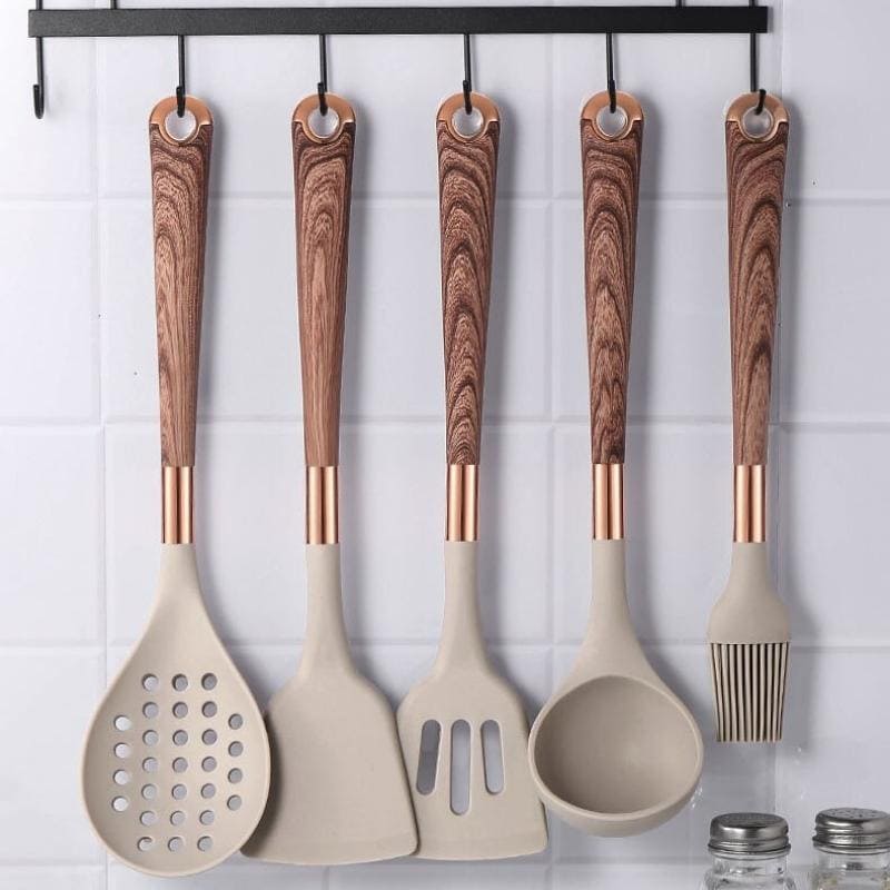 Kit Utensílios De Silicone 10 Peças Com Organizador Rosé - Casa Elège