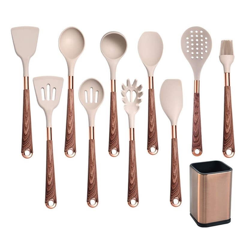 Kit Utensílios De Silicone 10 Peças Com Organizador Rosé - Casa Elège