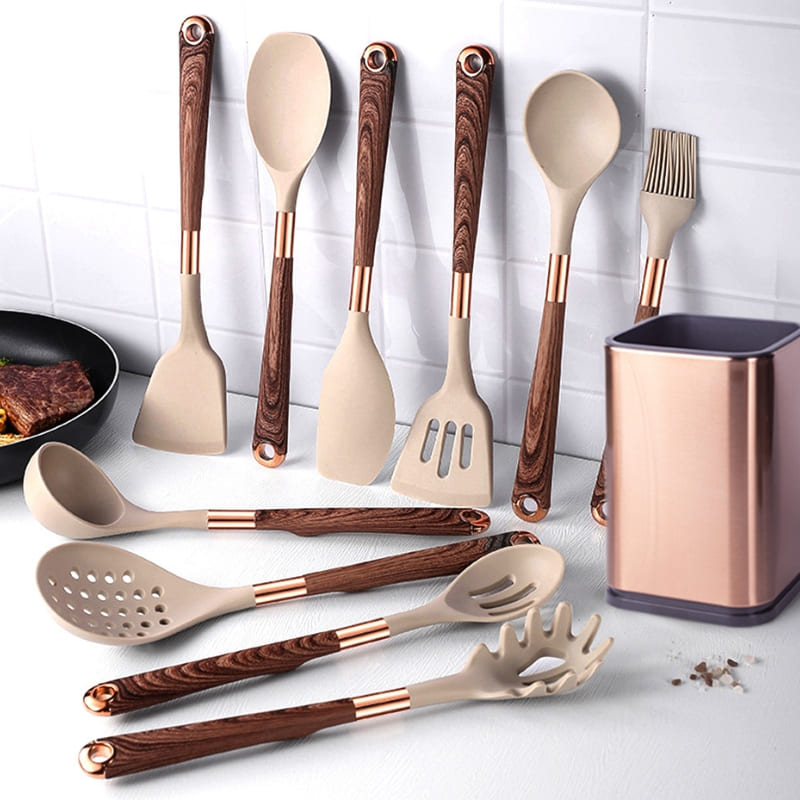 Kit Utensílios De Silicone 10 Peças Com Organizador Rosé - Casa Elège