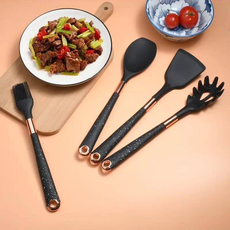 Kit Utensílios De Silicone 10 Peças Com Organizador Rosé - Casa Elège