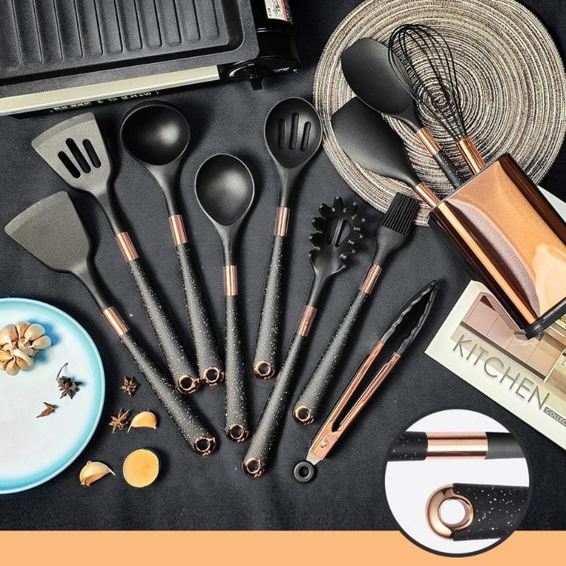 Kit Utensílios De Silicone 10 Peças Com Organizador Rosé - Preto + Suporte Casa Elège