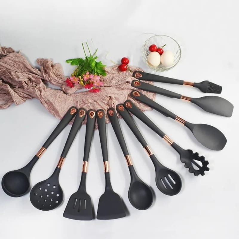 Kit Utensílios De Silicone 10 Peças Com Organizador Rosé - Casa Elège
