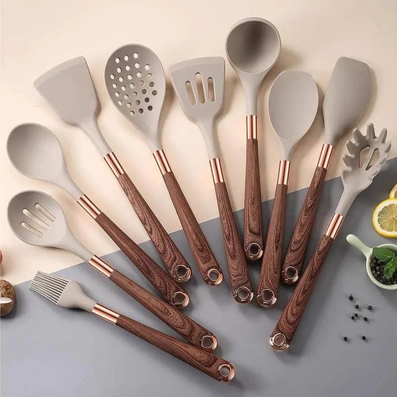 Kit Utensílios De Silicone 10 Peças Com Organizador Rosé - Casa Elège