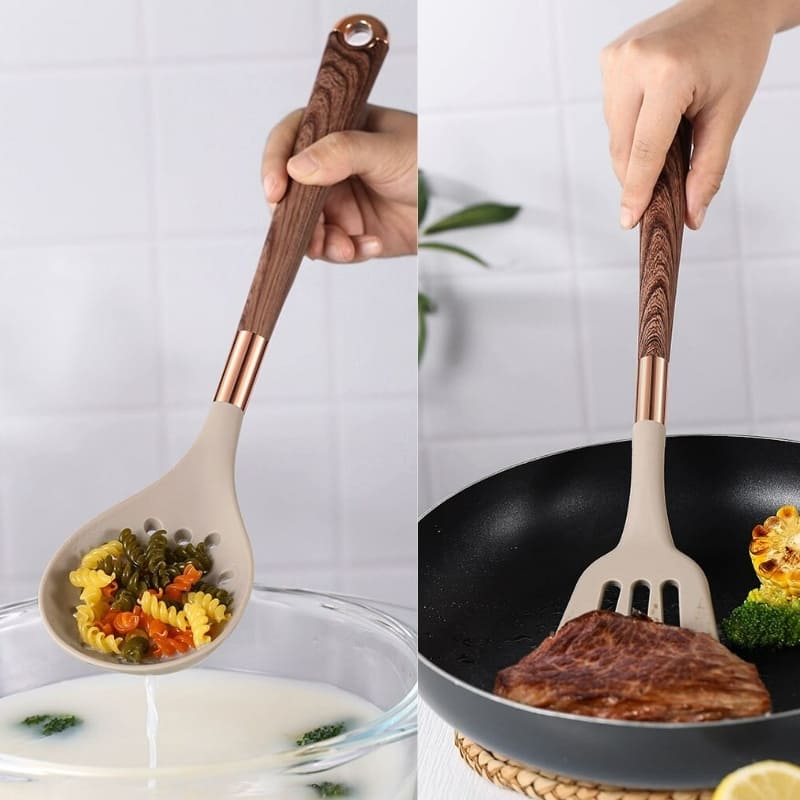 Kit Utensílios De Silicone 10 Peças Com Organizador Rosé - Casa Elège