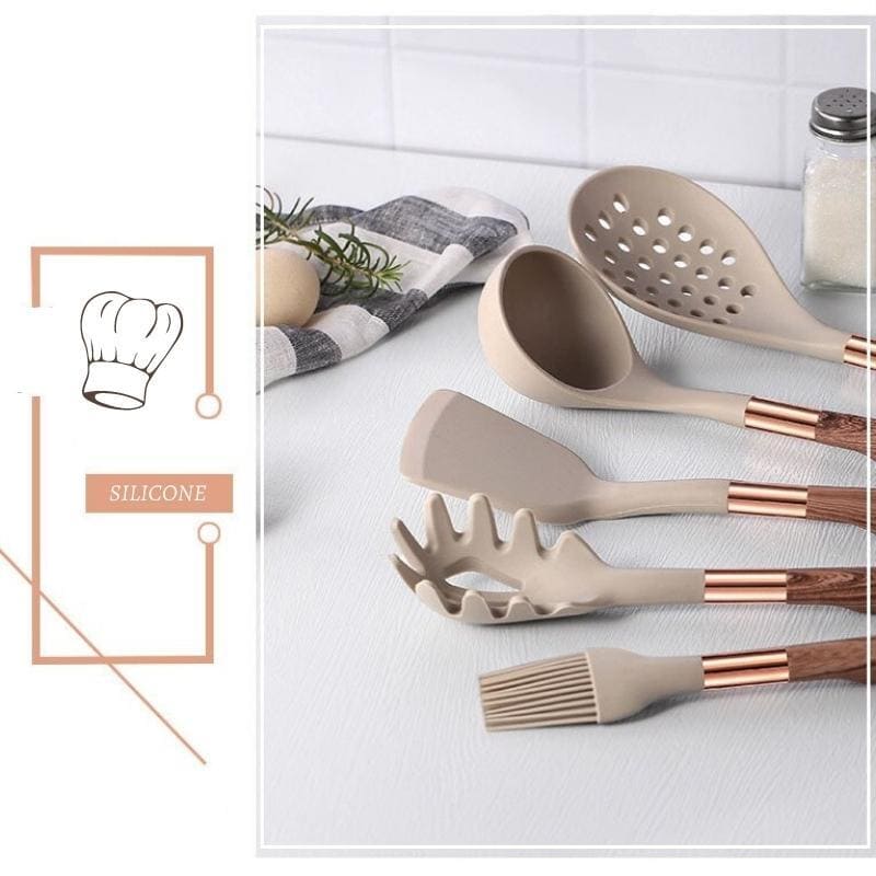Kit Utensílios De Silicone 10 Peças Com Organizador Rosé - Casa Elège