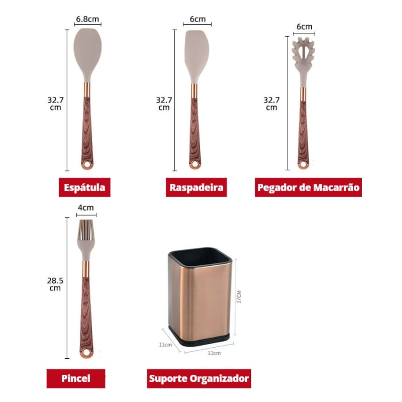 Kit Utensílios De Silicone 10 Peças Com Organizador Rosé - Casa Elège