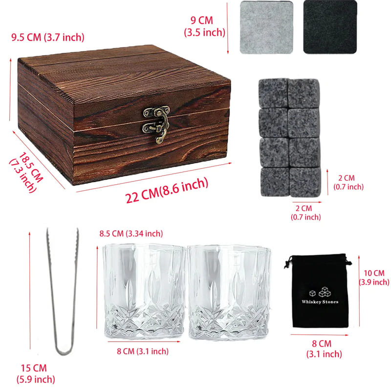Kit Whisky com Copos e Cubos de Granito Reutilizáveis - Kit Whisky B Casa Elège
