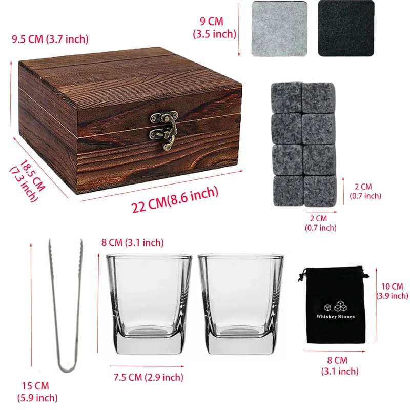 Kit Whisky com Copos e Cubos de Granito Reutilizáveis - Kit Whisky C Casa Elège
