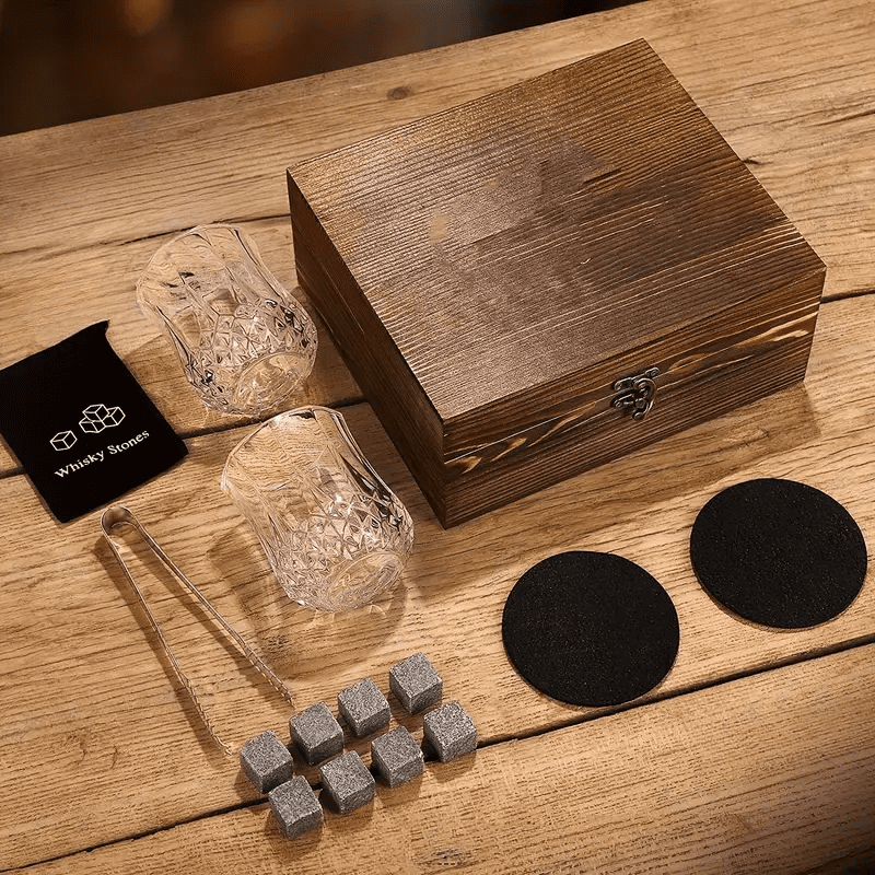 Kit Whisky com Copos e Cubos de Granito Reutilizáveis - Casa Elège