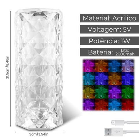Luminária de Mesa LED Sem Fio com 16 Cores e Bateria - Casa Elège