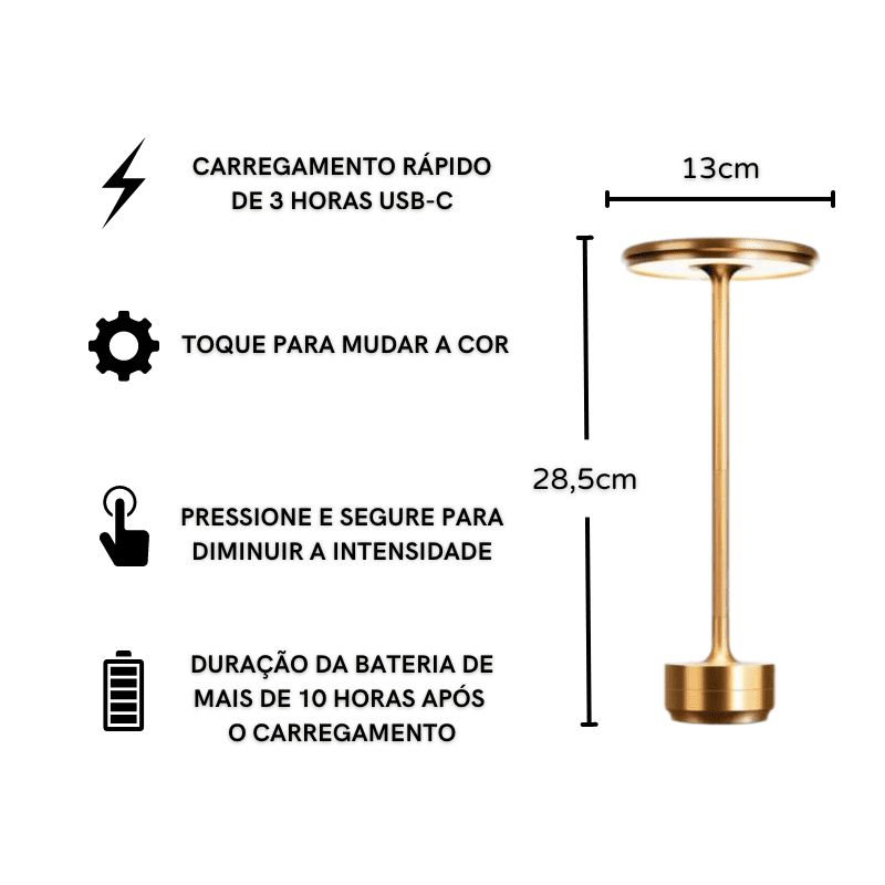 Luminária De Mesa LED Sem Fio Recarregável Em Metal - Casa Elège