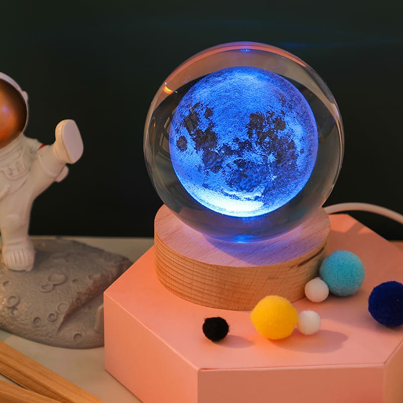 Luminária de Mesa LED 3D Bola em Cristal Decorativa - Luz Colorida Lua Casa Elège