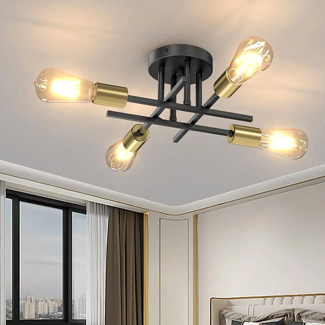 Luminária de Teto Industrial em Metal Preto Fosco Elegante - Preto e Dourado Casa Elège