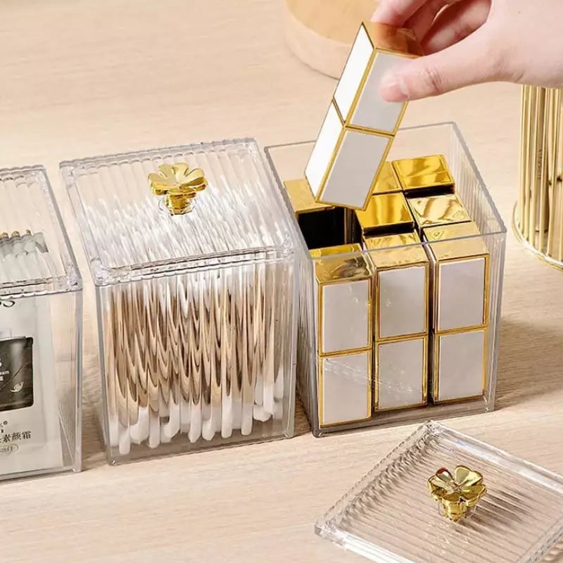 Organizador Cotonete e Algodão Acrílico Dourado com Tampa - Casa Elège