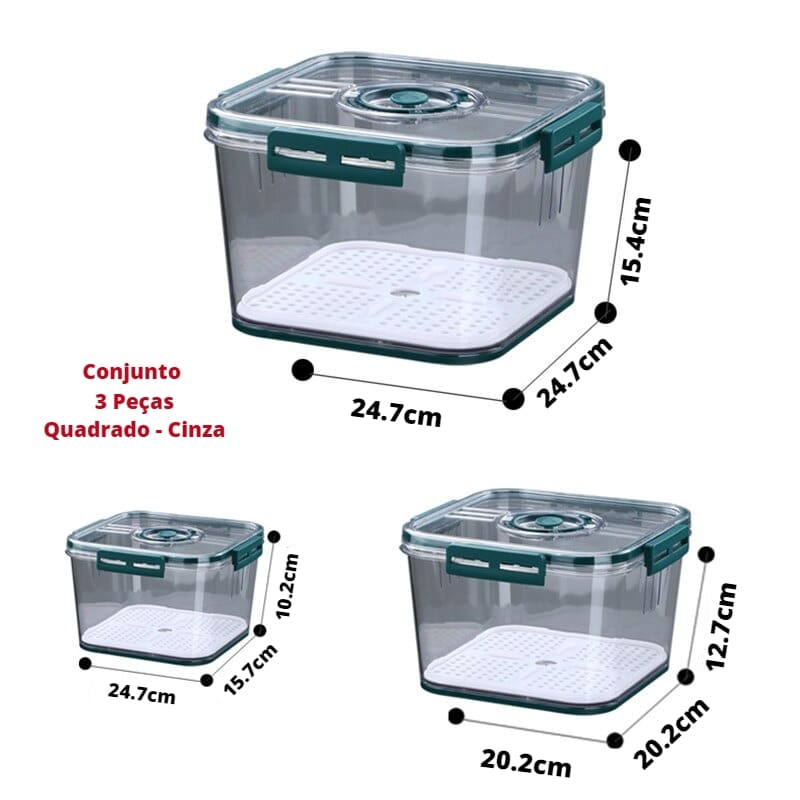 Organizador de Geladeira com Tampa e Marcador de Data - Conjunto 3 Peças Quadrado - Cinza Casa Elège
