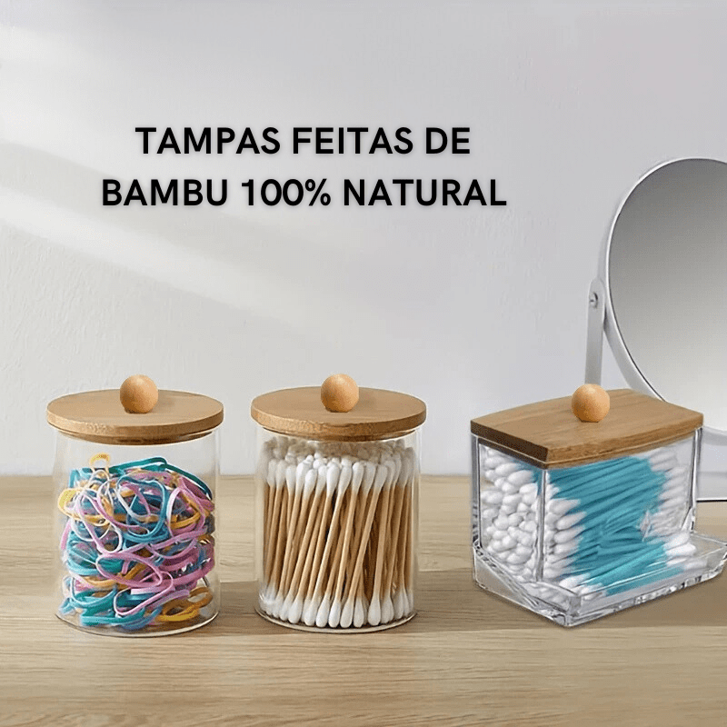 Organizador De Algodão e Cotonete em Acrílico Com Tampa Bambu - Casa Elège