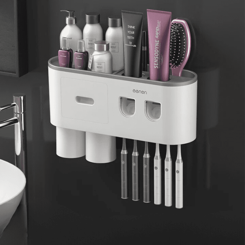 Porta Escova de Dente Dispenser com Gaveta e Copos Compacto - Cinza 2 Copos Casa Elège