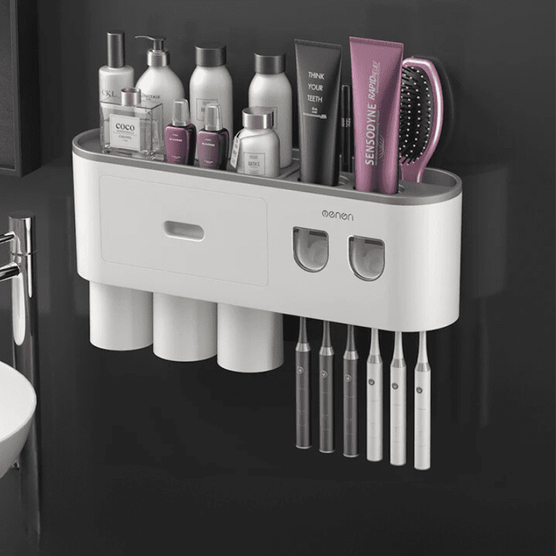 Porta Escova de Dente Dispenser com Gaveta e Copos Compacto - Cinza 3 Copos Casa Elège