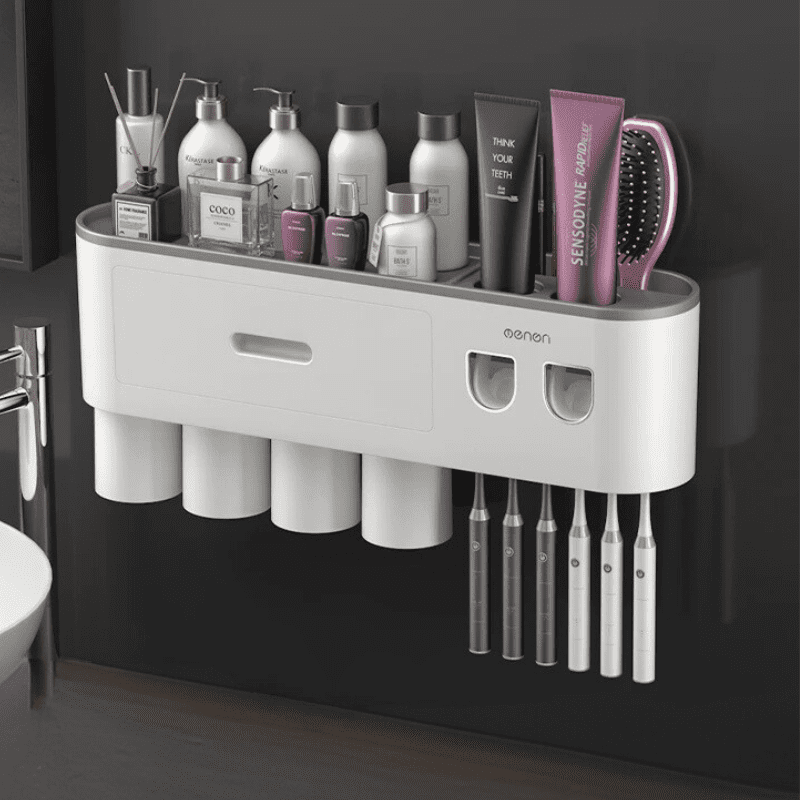 Porta Escova de Dente Dispenser com Gaveta e Copos Compacto - Cinza 4 Copos Casa Elège