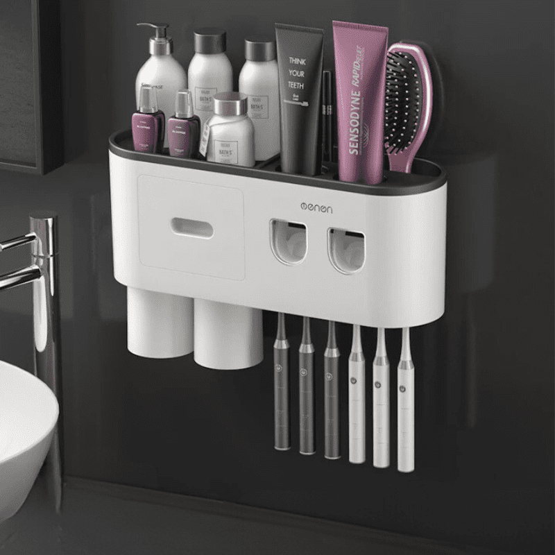 Porta Escova de Dente Dispenser com Gaveta e Copos Compacto - Preto 2 Copos Casa Elège
