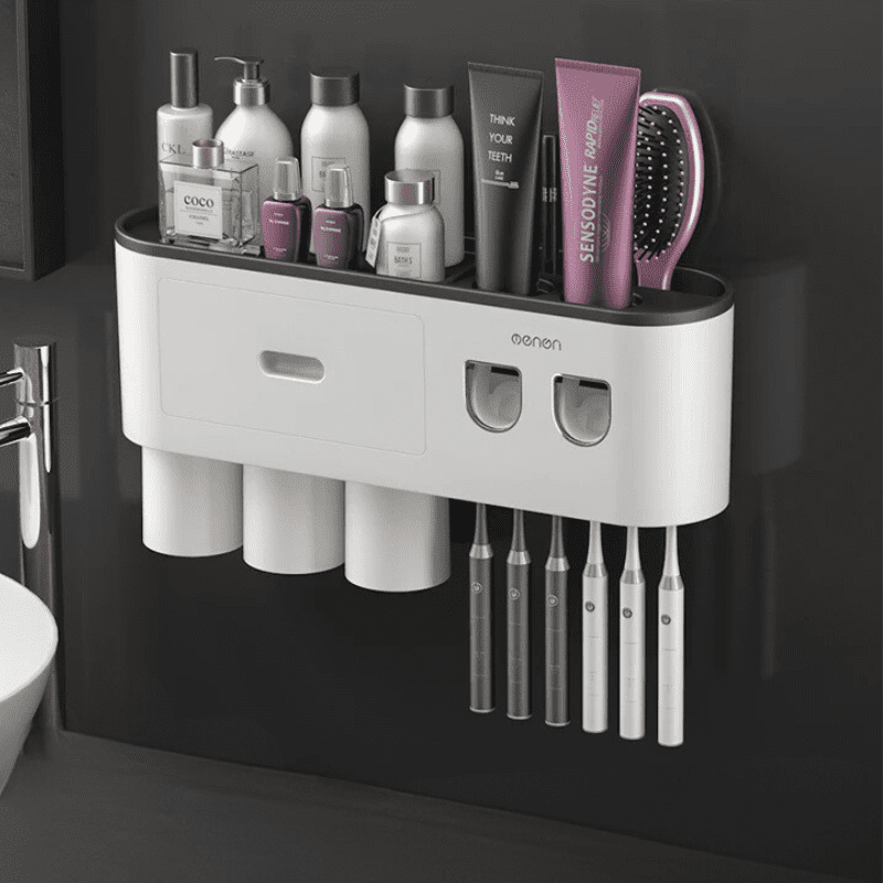 Porta Escova de Dente Dispenser com Gaveta e Copos Compacto - Preto 3 Copos Casa Elège