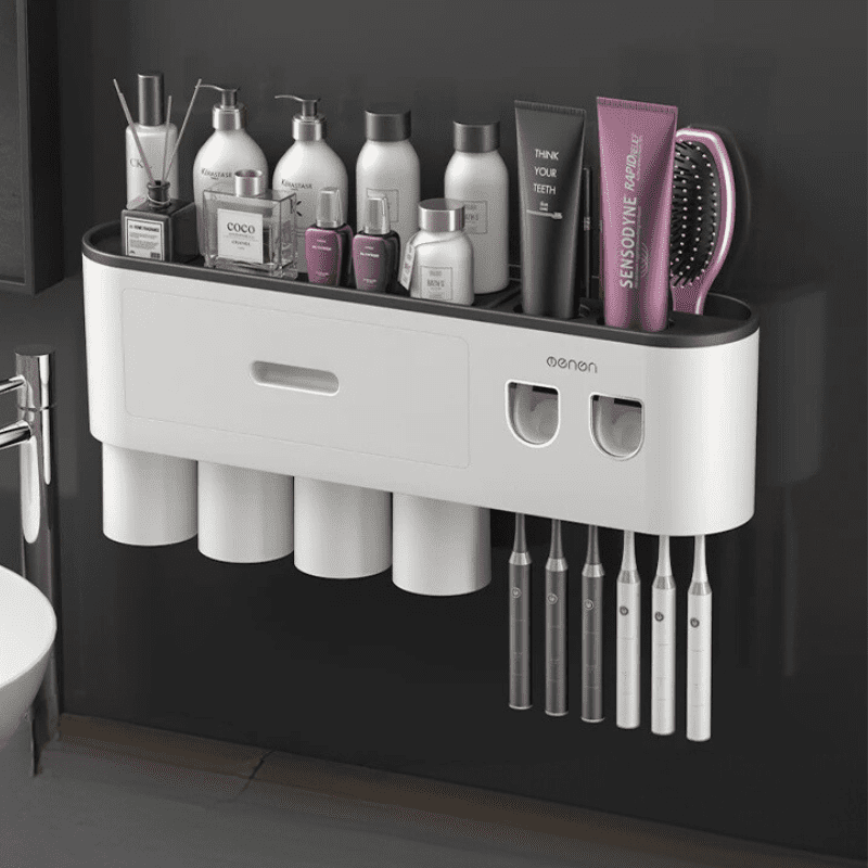 Porta Escova de Dente Dispenser com Gaveta e Copos Compacto - Preto 4 Copos Casa Elège
