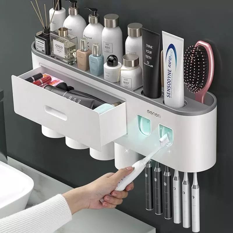 Porta Escova de Dente Dispenser com Gaveta e Copos Compacto - Casa Elège