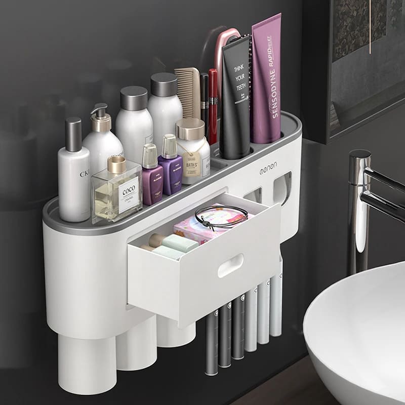 Porta Escova de Dente Dispenser com Gaveta e Copos Compacto - Casa Elège