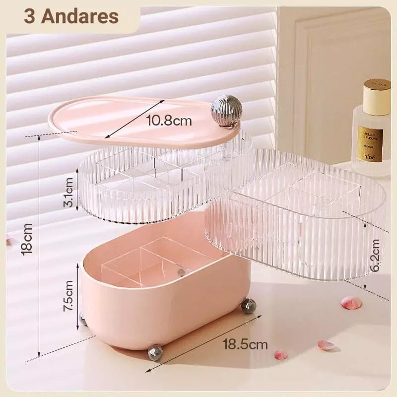 Porta-Joias em Acrílico Transparente com Divisórias - Rosa 3 Andares Casa Elège