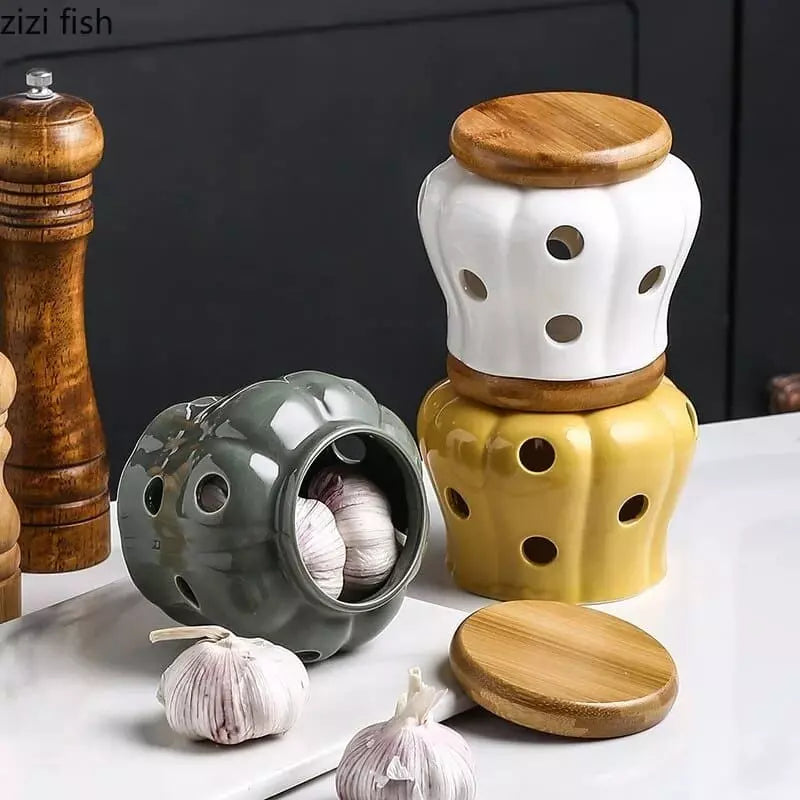 Pote de Cerâmica com Tampa de Madeira Natural Artesanal - Casa Elège