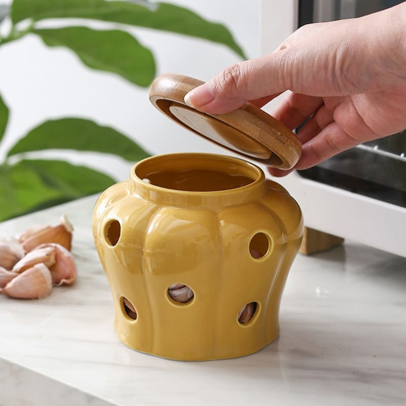 Pote de Cerâmica com Tampa de Madeira Natural Artesanal - Amarelo Casa Elège