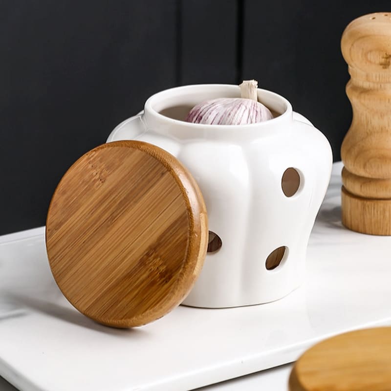 Pote de Cerâmica com Tampa de Madeira Natural Artesanal - Casa Elège