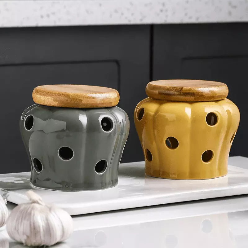 Pote de Cerâmica com Tampa de Madeira Natural Artesanal - Casa Elège