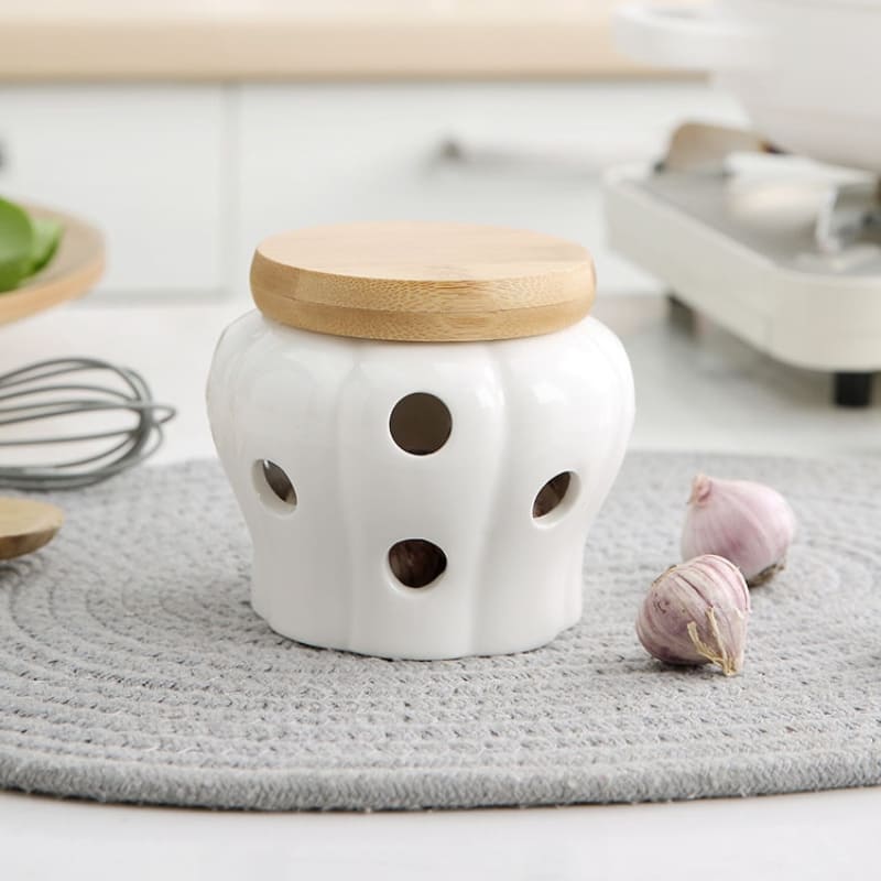 Pote de Cerâmica com Tampa de Madeira Natural Artesanal - Branco Casa Elège