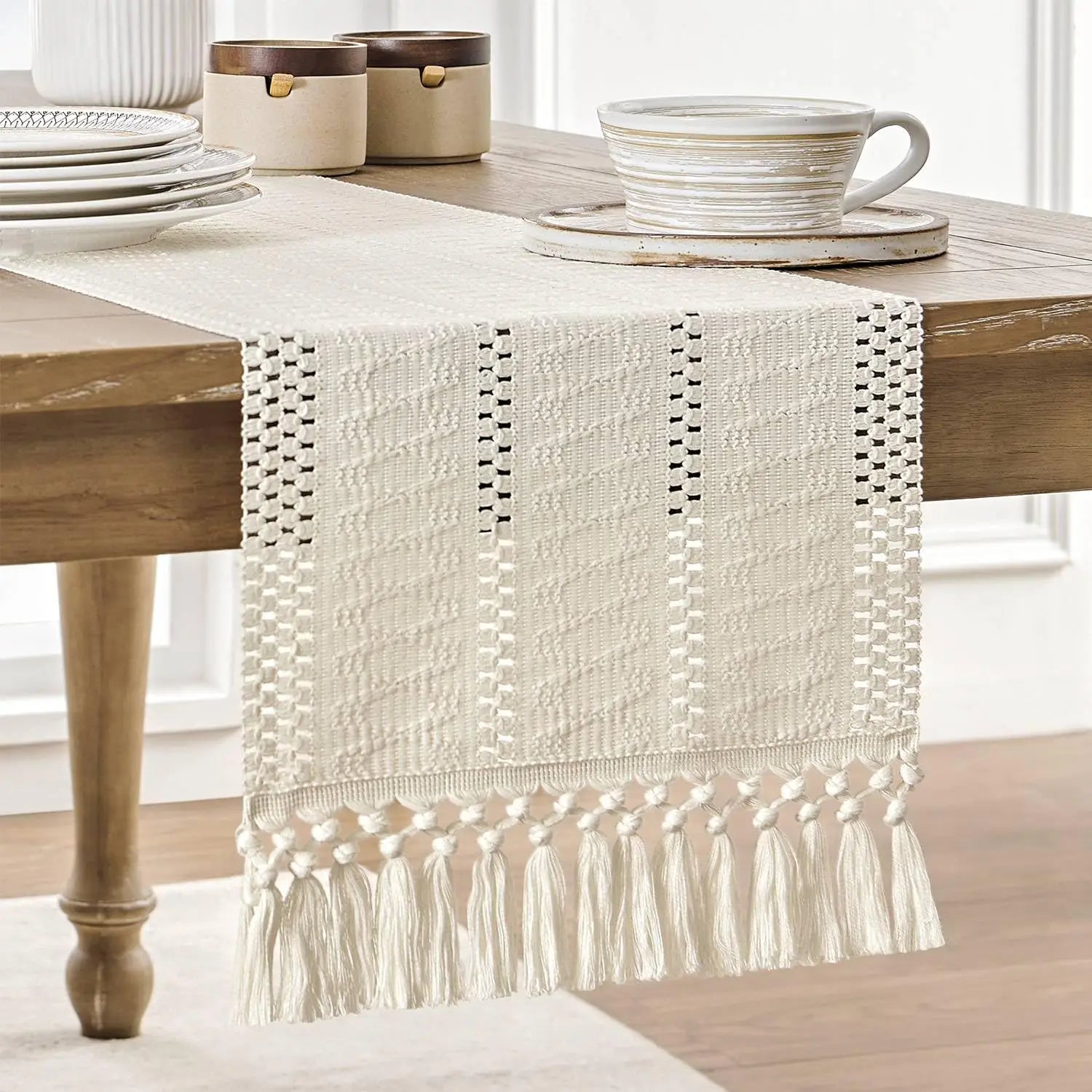 Caminho de Mesa Boho em Algodão e Poliéster Feito à Mão - Creme 30x120cm Casa Elège