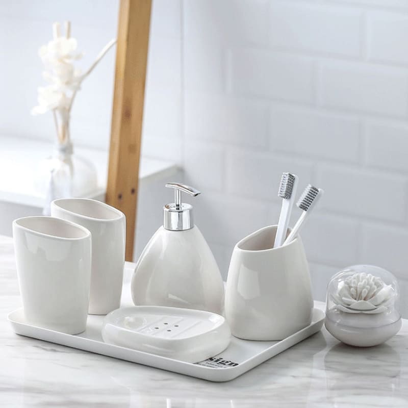 Kit Banheiro em Cerâmica 6 Peças com Bandeja Organizadora - Casa Elège