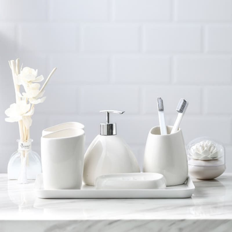 Kit Banheiro em Cerâmica 6 Peças com Bandeja Organizadora - Casa Elège