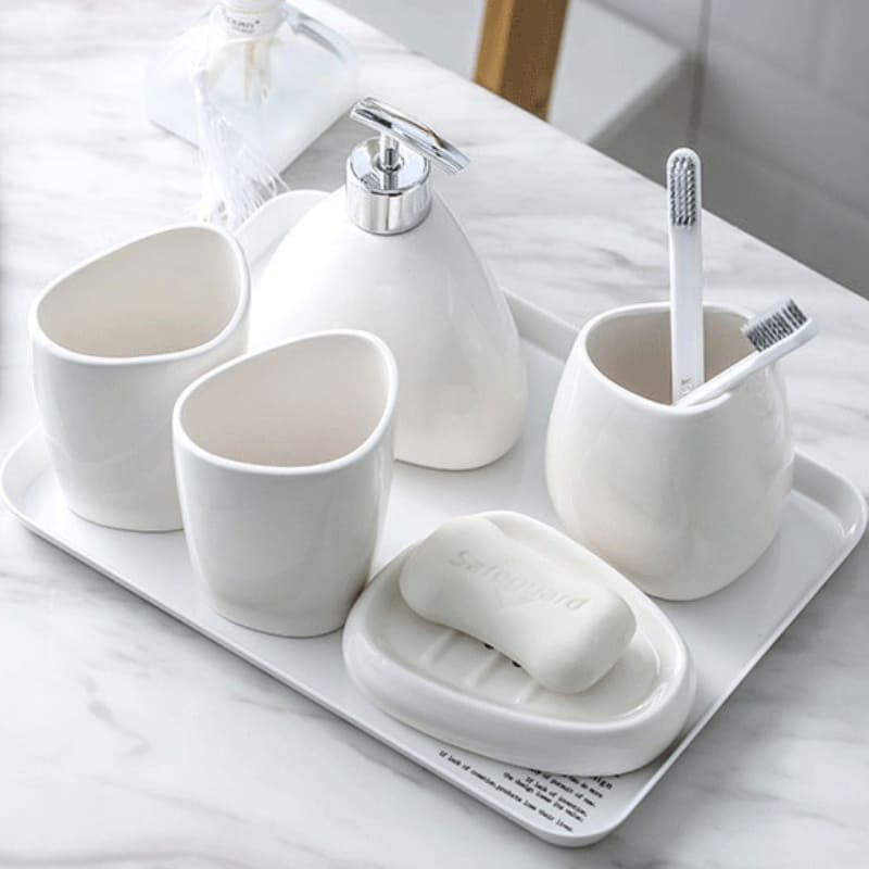 Kit Banheiro em Cerâmica 6 Peças com Bandeja Organizadora - 5 peças + Bandeja Casa Elège