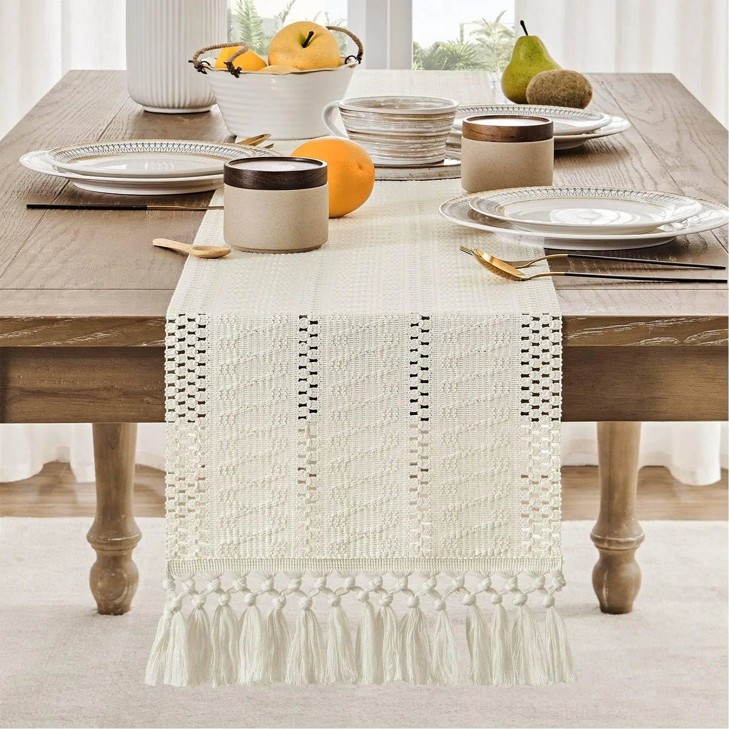 Caminho de Mesa Boho em Algodão e Poliéster Feito à Mão - Casa Elège