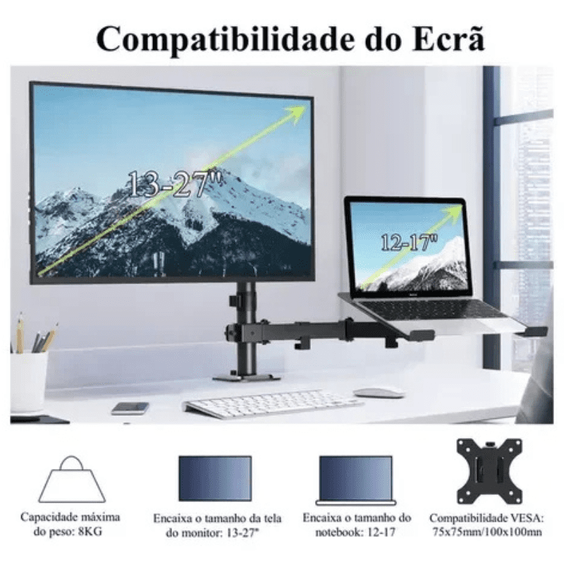 Suporte Para Monitor e Notebook Articulado em Aço Giratório - Casa Elège