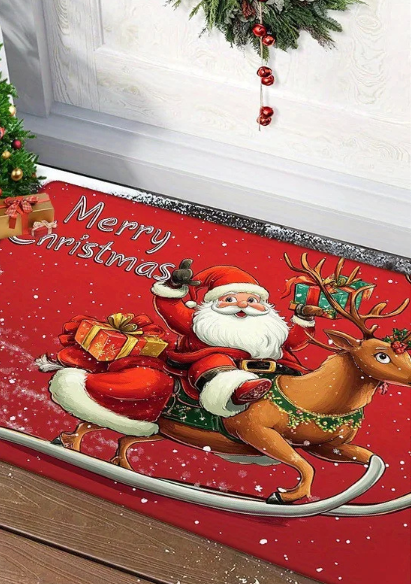 Tapete de Porta Natalino Antiderrapante com Papai Noel - Papai Noel e Rena 2 40x60 Casa Elège