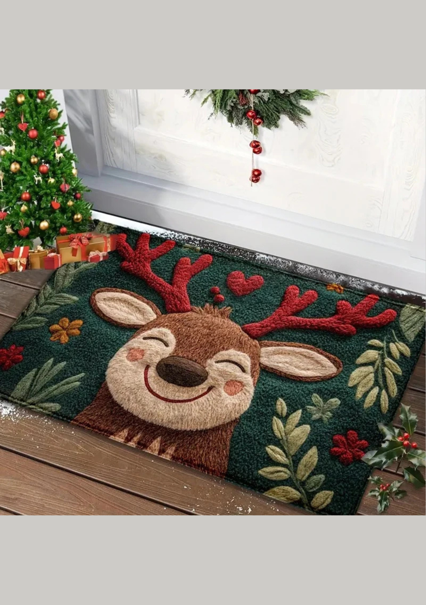 Tapete de Porta Natalino Antiderrapante com Papai Noel - Rena Feliz 6 40x60 Casa Elège